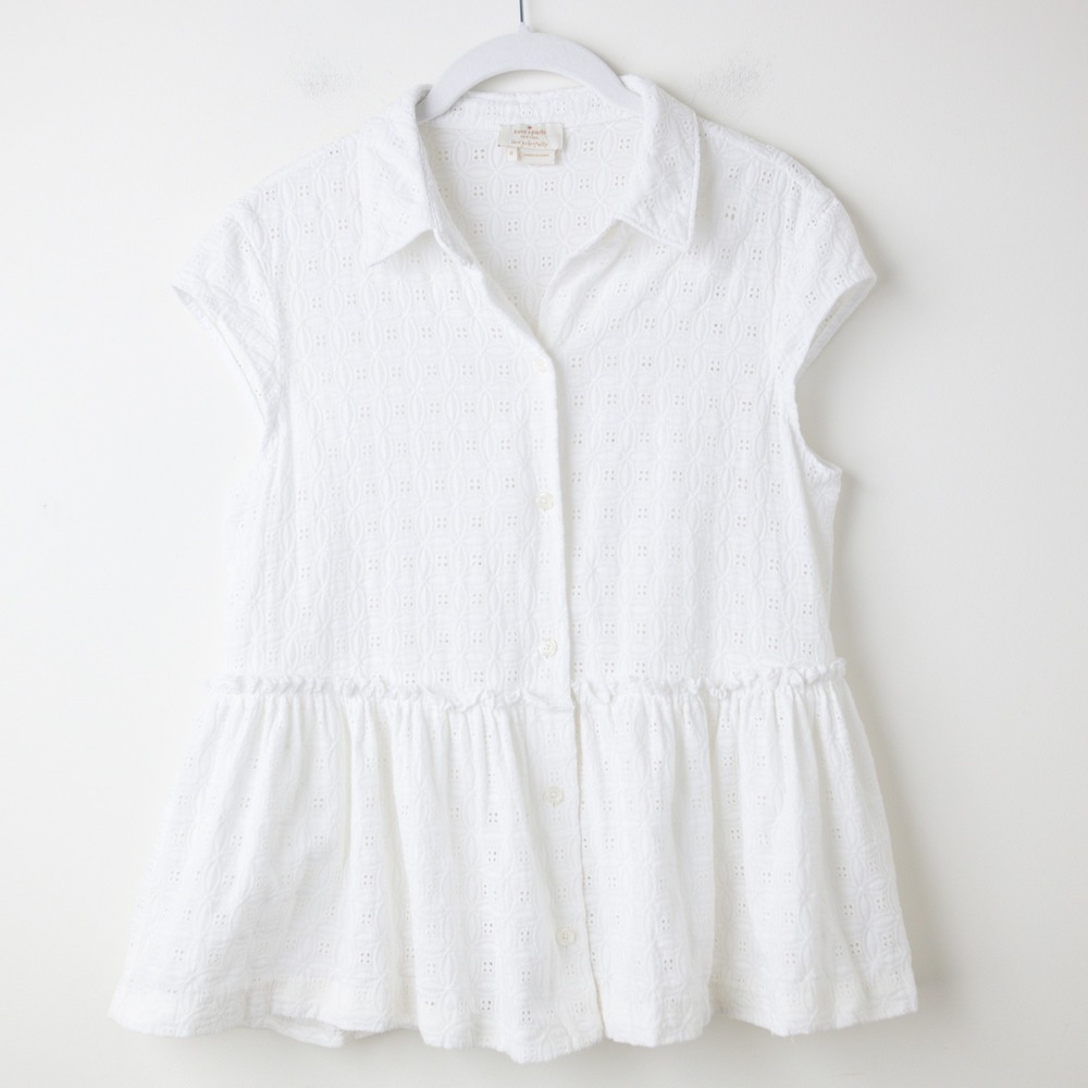 Kate Spade Peplum Eyelet Top Womens 8 White Cap Sleeves Button Down Babydoll